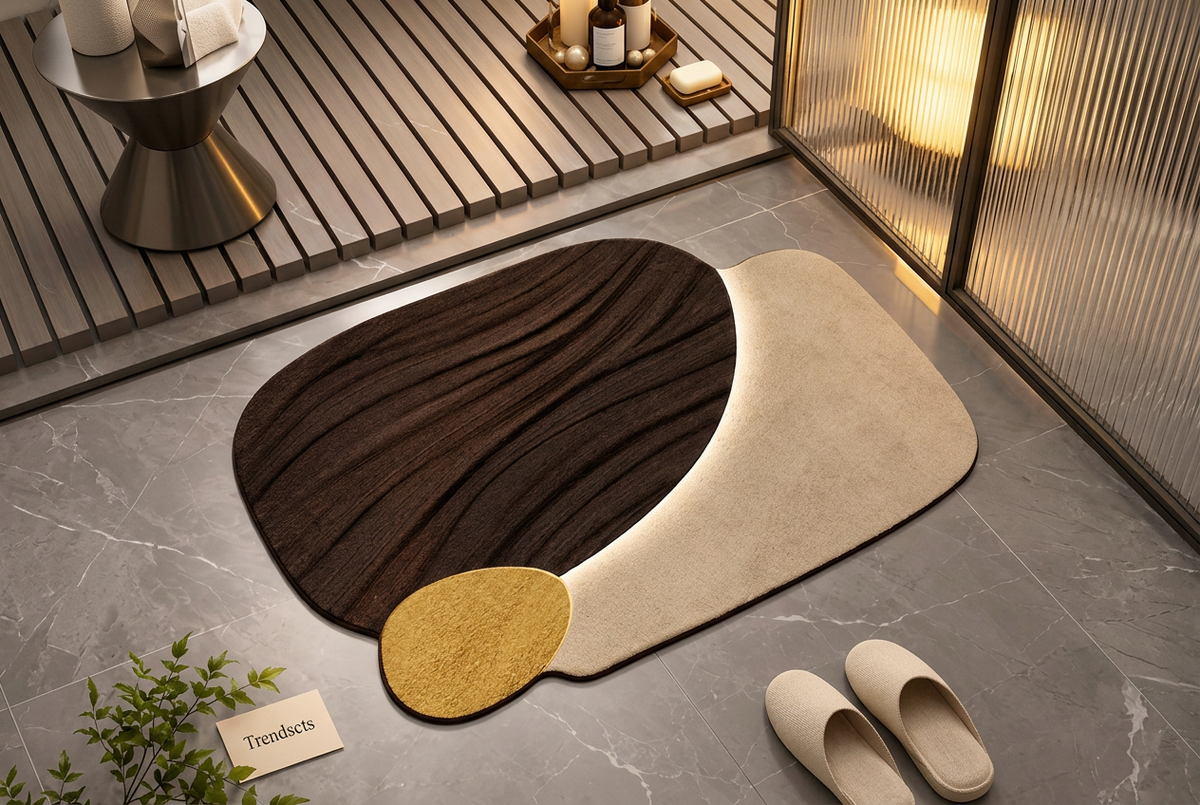 Alfombra de baño curva efecto madera crema