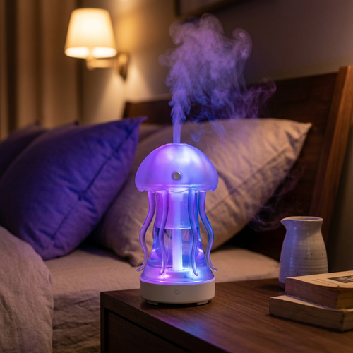 Difusor medusa con luz púrpura en dormitorio acogedor